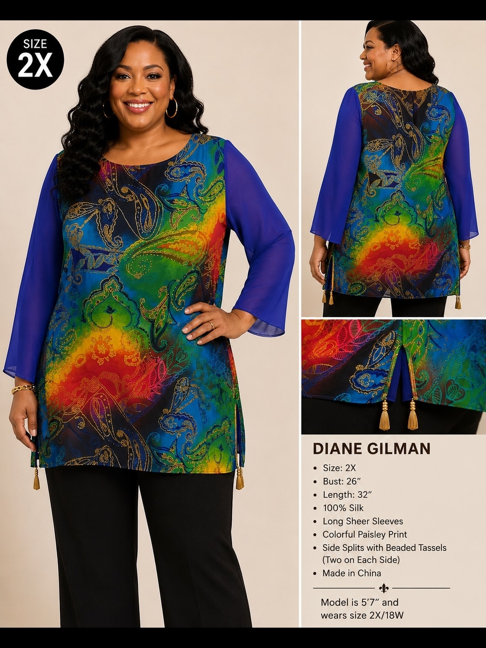 Diane Gilman 2X Silk Paisley Tunic Top Beaded Tassel Hem Colorful